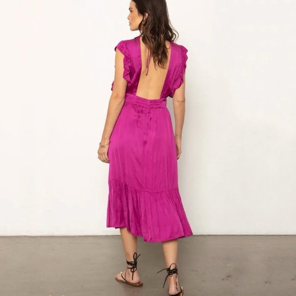 STILLWATER EYE CANDY DARK PINK SATIN plunging neck backless JESSIE MIDI DRESS - Picture 11 of 12